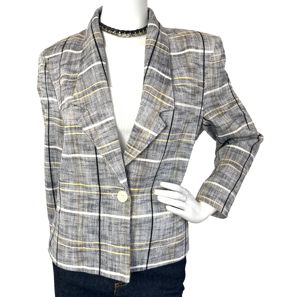 Vintage City Girl California Grid Plaid Blazer Light Academia Tweed Jacket M EUC